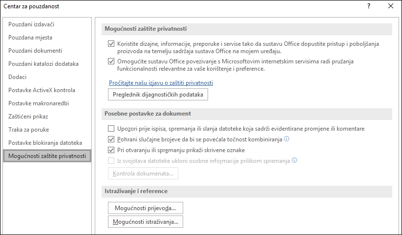 Mogućnosti zaštite privatnosti u centru za pouzdanost sustava Office
