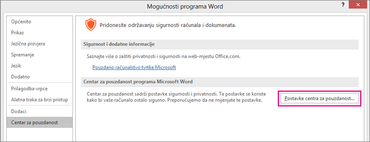 Istaknuta je mogućnost Postavke centra za pouzdanost.