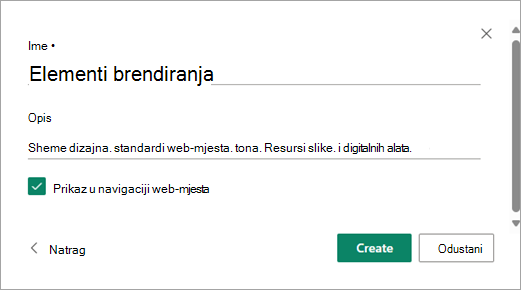 Kada unesete željeni naziv i opis biblioteke, odaberite Stvori.