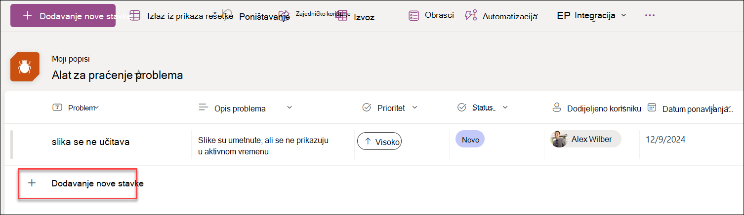 Snimka zaslona na kojoj je prikazano dodavanje novog u prikazu rešetke