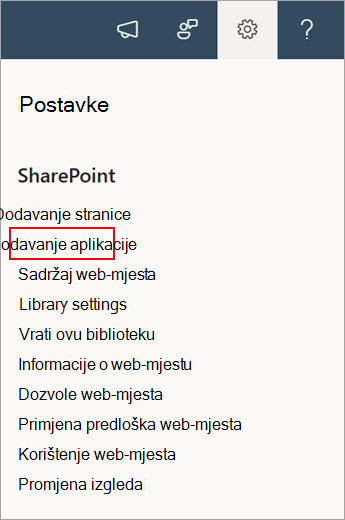 Snimka zaslona s prikazom naredbe Dodaj aplikaciju u sustavu SharePoint.