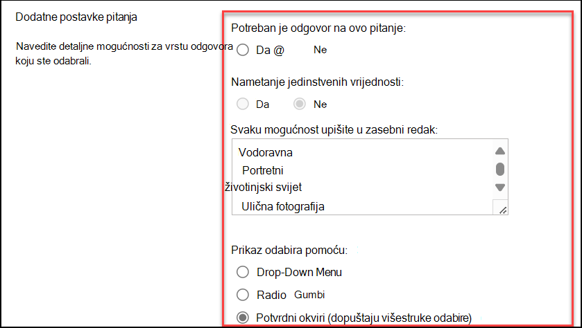 snimka zaslona dodatnih postavki pitanja
