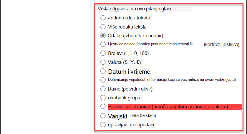 Snimka zaslona vrste odgovora