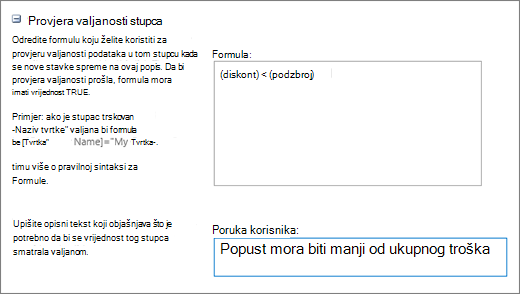 Dijaloški okvir Provjera valjanosti stupca s poljima ispunjenima oglednim podacima