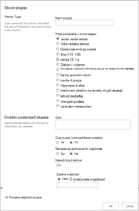 Dijaloški okvir Stvaranje stupca