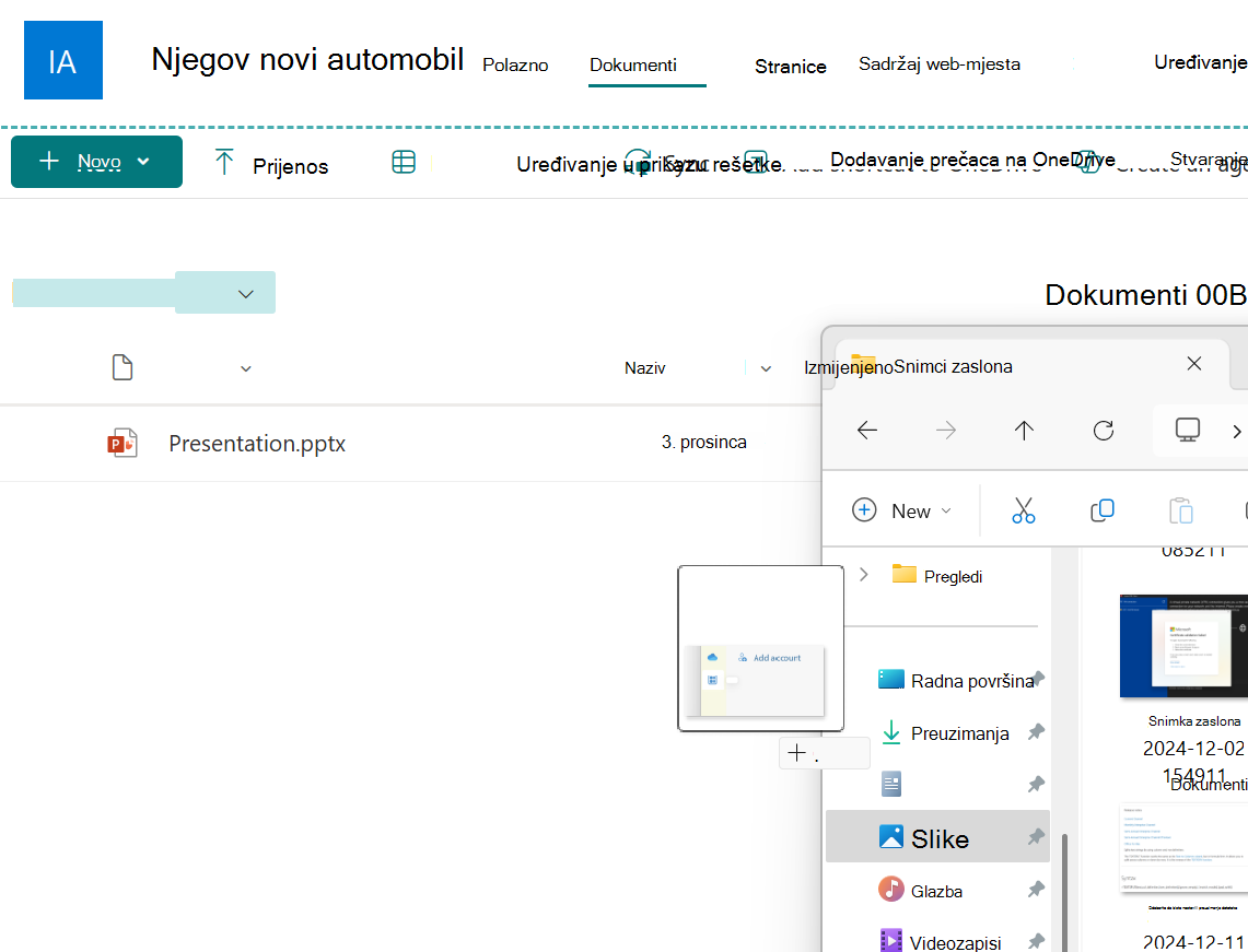 Slikovna datoteka koja se povlači iz prozora eksplorera u biblioteku dokumenata sustava SharePoint