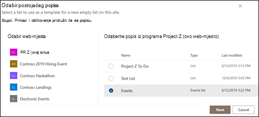 Odabir postojećeg popisa