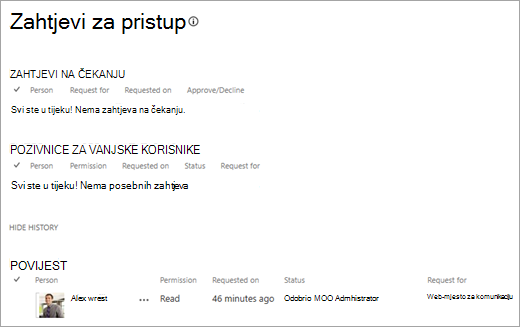 Prikaz zahtjeva za pristup s prikazom povijesti zahtjeva.