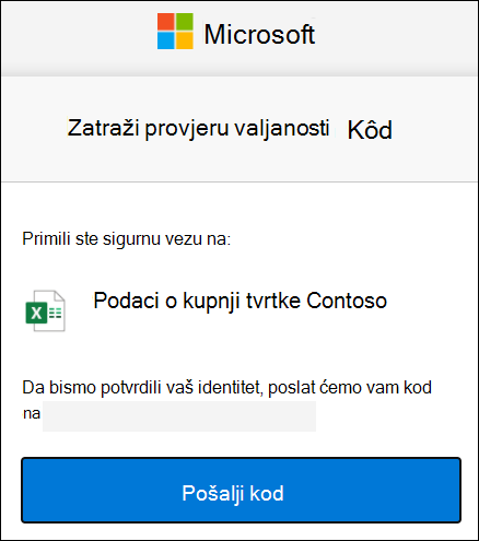 Prozor zahtjeva za kod za vanjsko zajedničko korištenje na servisu OneDrive
