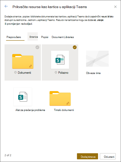 Prikvačivanje resursa na kartice