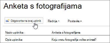 Snimka zaslona stranice upitnika s istaknutom mogućnošću Odgovorite na ovaj upitnik.