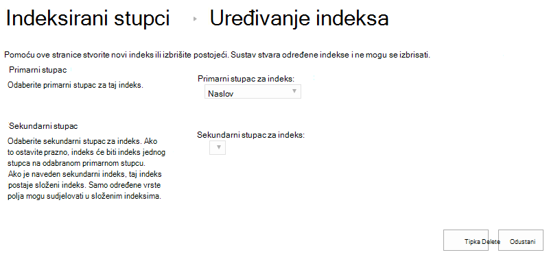 Indeks možete izbrisati nakon što kliknete na njega