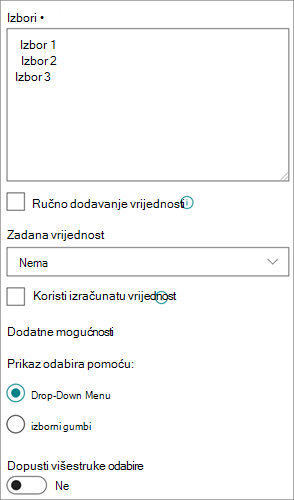 Mogućnosti za izborne stupce u modernom sučelju