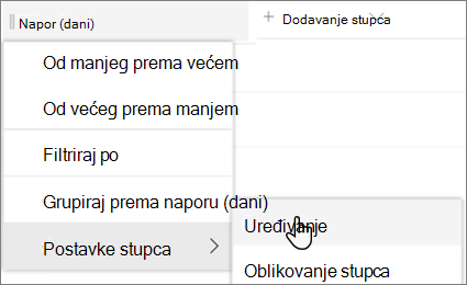 Okno Uređivanje stupca u sustavu SharePoint s odabranom mogućnošću Izbriši
