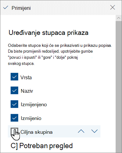 Okno Uređivanje stupaca prikaza u modernom sustavu SharePoint Online