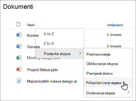 Postavke > stupca Mogućnost Prikaz/sakrivanje stupaca kada je odabrano zaglavlje stupca na modernom popisu ili u modernoj biblioteci sustava SharePoint
