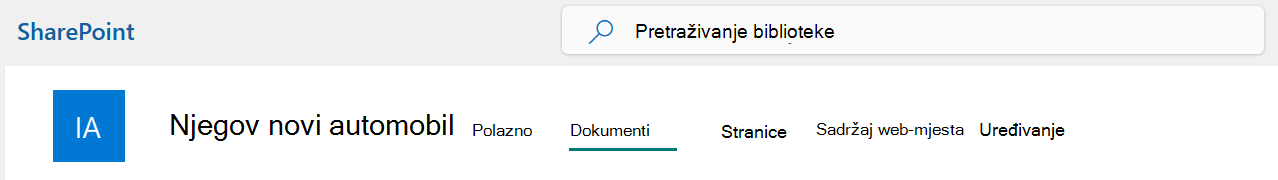 Izbornik gornje trake web-mjesta sustava SharePoint na kojem je odabrana mogućnost Dokumenti.