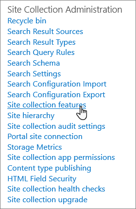 Mogućnost značajki zbirke web-mjesta u postavkama web-mjesta sustava SharePoint