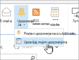 Istaknut gumb Upravljanje upozorenjem u sustavu SharePoint 2016