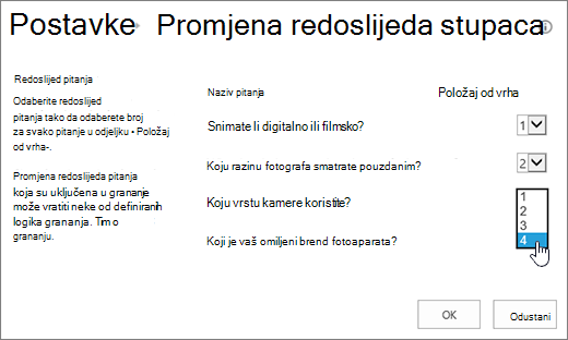 Dijaloški okvir Promjena redoslijeda pitanja s istaknutim padajućim izbornikom za jedno pitanje