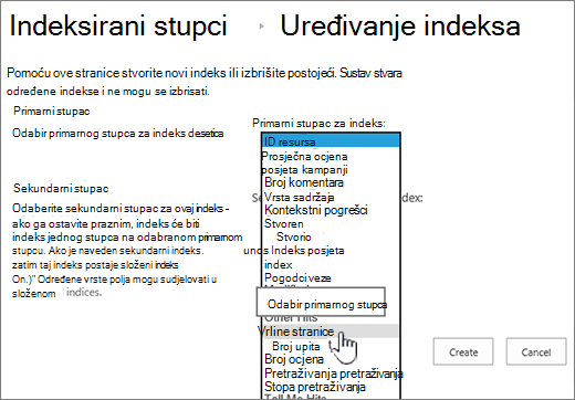 Uređivanje stranice indeksa sa stupcem odabranim iz padajućeg okvira