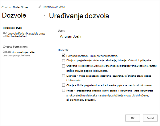 Promjena razina dozvole u dijaloškom okviru za dozvole