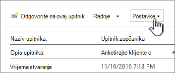 Gumb Postavke upitnika na vrhu sveukupnog prikaza upitnika