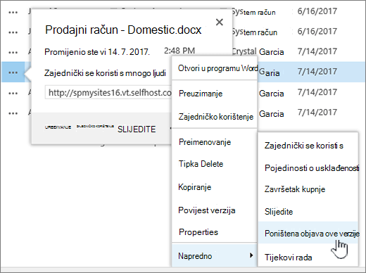 Kliknite Poništi objavu ove verzije