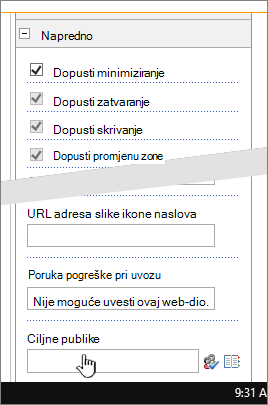 Odjeljak Dodatno svojstva web-dijela s istaknutom ciljnom publikom