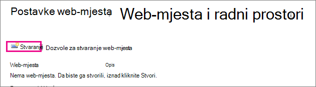 Veza na stvaranje web-mjesta u dijaloškom okviru Web-mjesta i radna mjesta