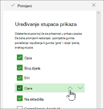 Upotrijebite strelice prema gore ili dolje ili povucite i ispustite položaj stupca