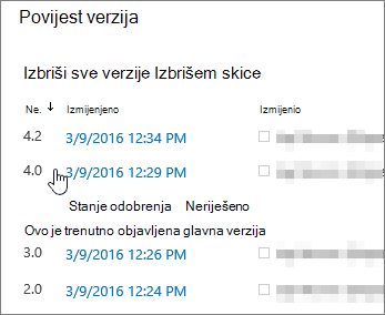Povijest verzija u kojoj je izbrisana jedna radna verzija