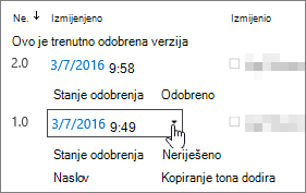Gumb padajućeg dijaloškog okvira Verzija