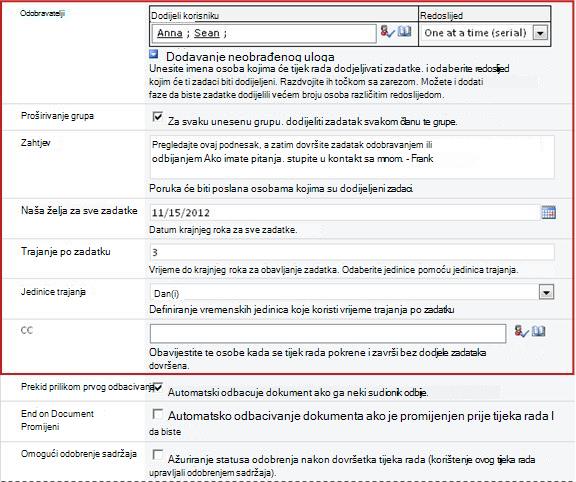 Obrazac za unos informacija specifičnih za izvođenje