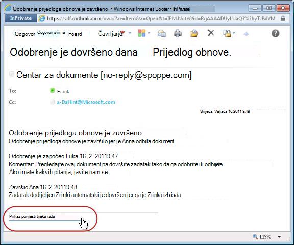 Obavijest o dovršetku tijeka rada s istaknutom vezom za povijest