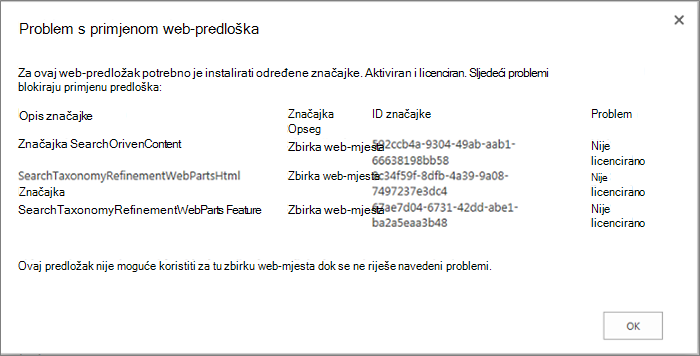 Snimka zaslona poruke o pogrešci koju možete dobiti ako nedostupnost nekih značajki onemogućuju stvaranje web-mjesta u sustavu SharePoint Online.
