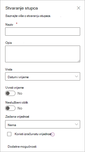 Snimka zaslona ploče Stvaranje stupca koju možete koristiti za dodavanje stupaca na popise.