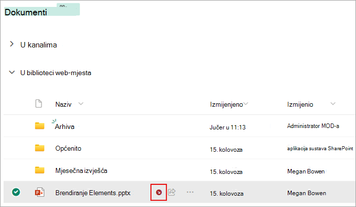 Pokraj datoteke koju ste odjavili pojavit će se simbol.