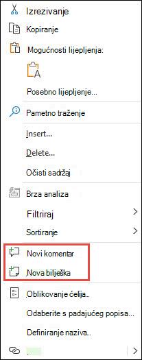 Slika kontekstnog izbornika programa Excel koji se otvara klikom desnom tipkom miša
