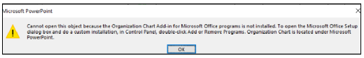 Druga moguća slika poruke o pogrešci: objekt nije moguće otvoriti jer nije instaliran dodatak organizacijskog grafikona za programe sustava Microsoft Office.
