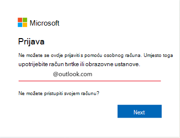 Snimka zaslona s pogreškom prilikom prijave u Outlook