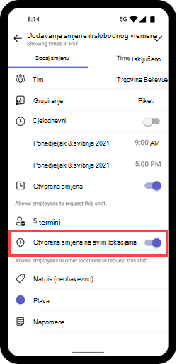 Snimka zaslona koja prikazuje gumb Otvori smjenu na svim lokacijama za promjenu na mobilnom uređaju.