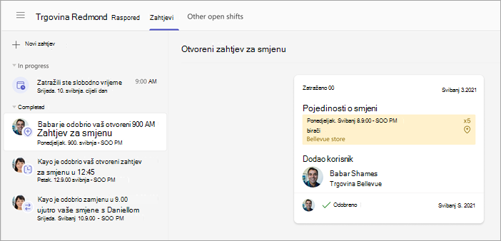 Snimka zaslona na kojoj se prikazuje zahtjev radnika za otvorenu smjenu koji je odobrio menadžer.