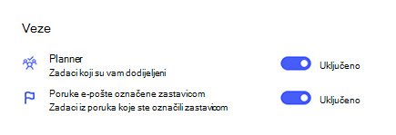 Snimka zaslona na kojoj se prikazuju veze u postavkama s aplikacijom Planner i e-poštom označenom zastavicom uključenima