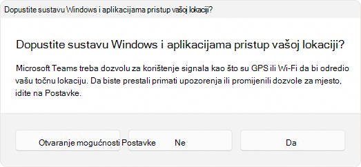 Snimka zaslona s upitom u kojem se od korisnika traži da aplikaciji dopusti pristup lokaciji.