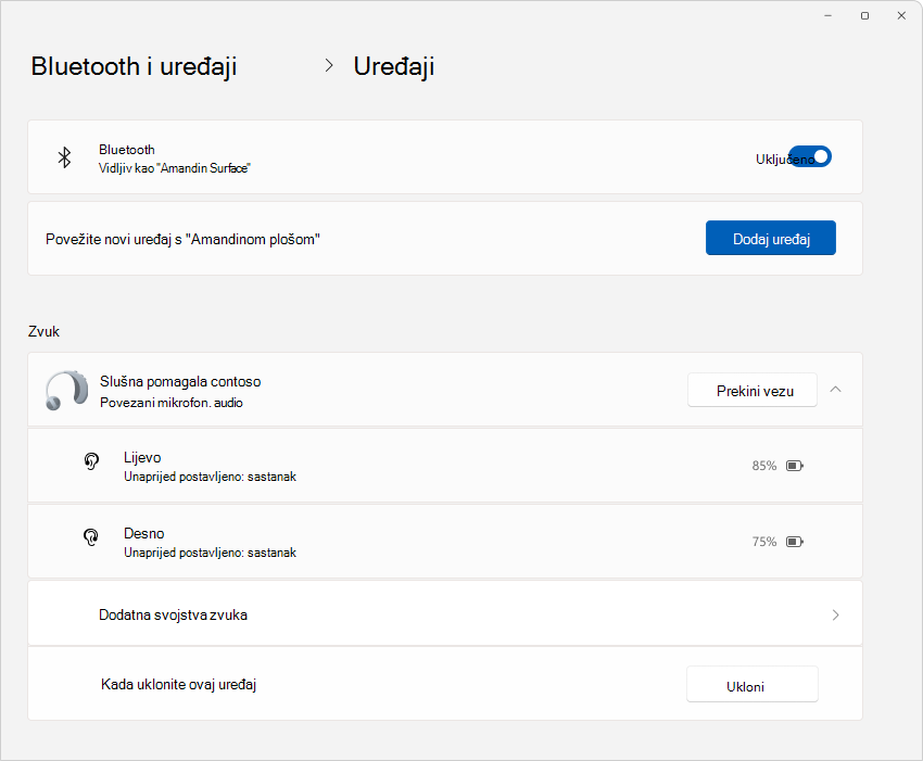 Snimka zaslona postavki > Bluetooth & uređaja s prikazom detalja o slušnim aparatima.