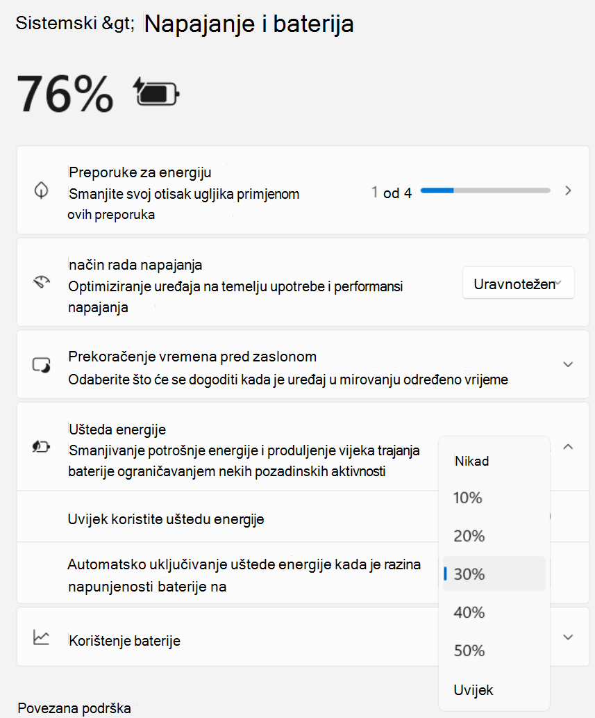 Snimka zaslona Postavki>, Ušteda energije sustava > i baterije >