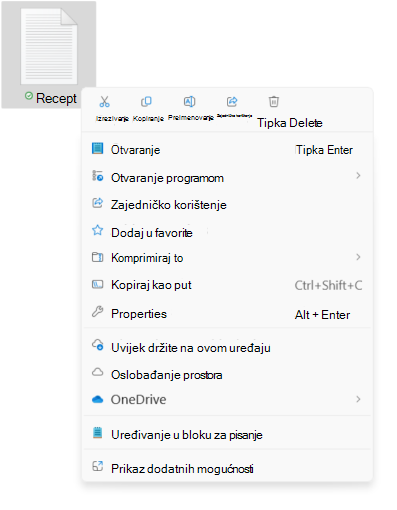 Snimka zaslona kontekstnog izbornika datoteke s prikazom novih mogućnosti izrezivanja/kopiranja/preimenovanja/zajedničkog korištenja/brisanja.