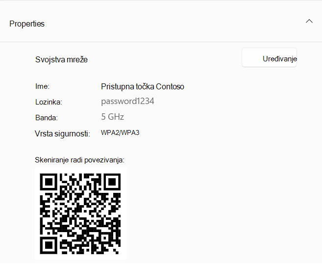 Snimka zaslona QR koda koji se upotrebljava za povezivanje s uređajem sa sustavom Windows koji djeluje kao pristupna točka.
