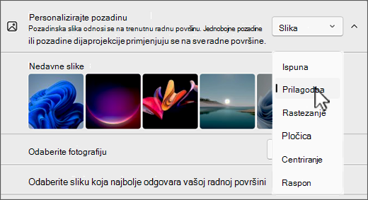 Snimka zaslona s odabirima za personalizaciju radne površine prema slici.